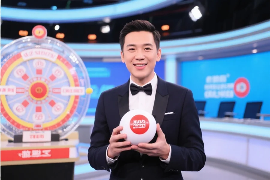 清晰直播画面，主持人手持开奖球，背景为明亮开奖室，氛围专业可信